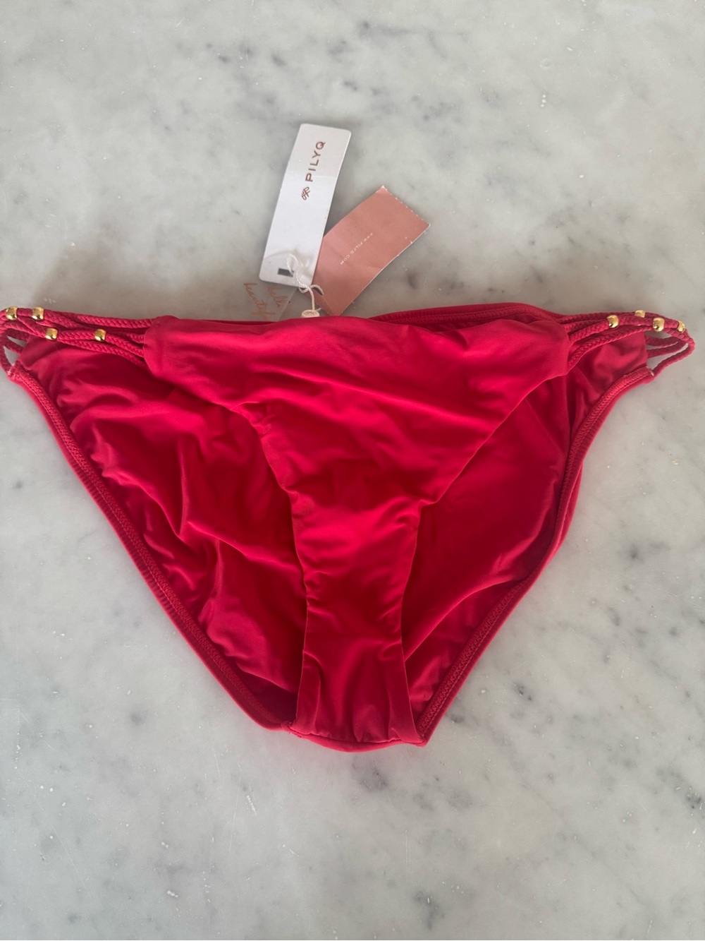 PQ swim Solid Red Bikini Bottom with Gold Bead Detail